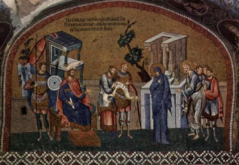 Meryem ve Yusuf nüfus sayımı esnasında Suriye Genel Valisi Kirinus’un önünde, Bizans Mozaiği, 1315.